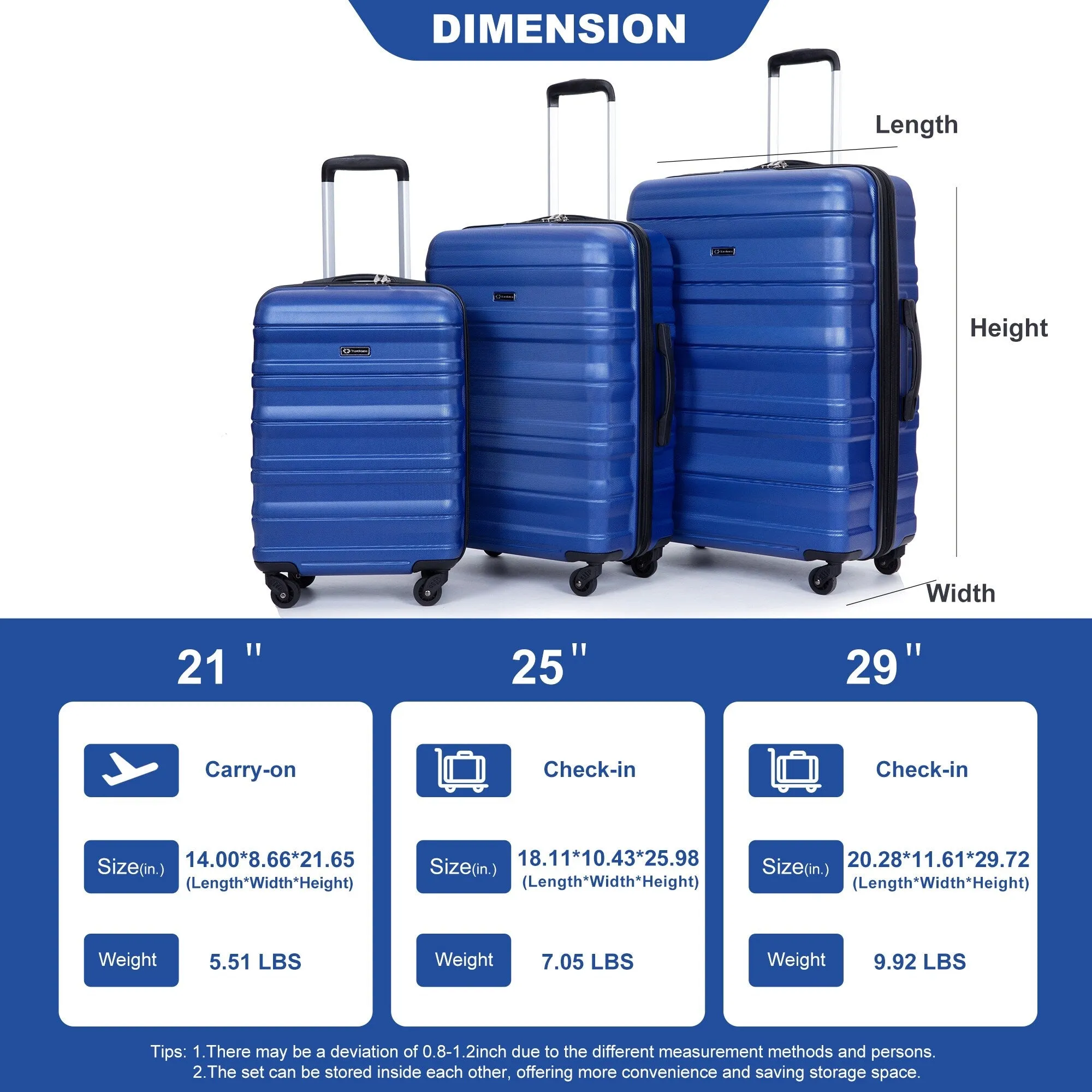 3 Piece Luggage Sets PC Lightweight & Durable Expandable Suitcase with Two Hooks, Spinner Wheels, TSA Lock, (21/25/29)