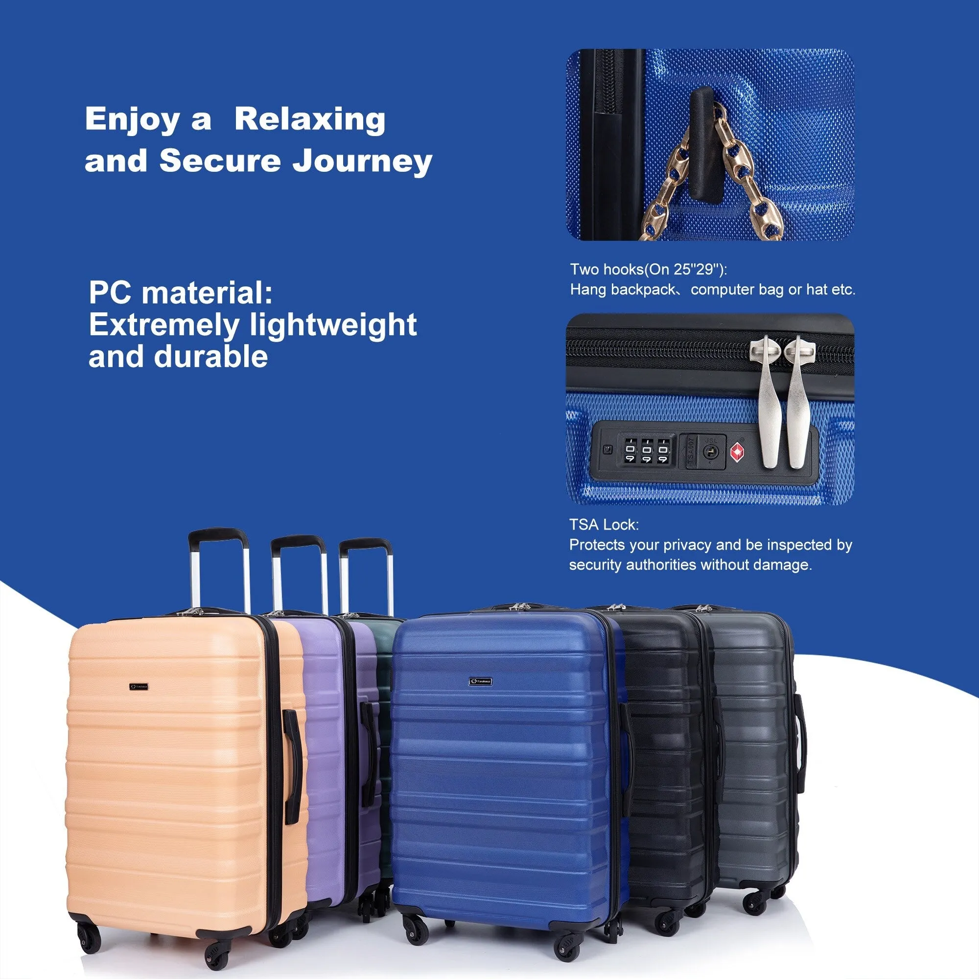 3 Piece Luggage Sets PC Lightweight & Durable Expandable Suitcase with Two Hooks, Spinner Wheels, TSA Lock, (21/25/29)