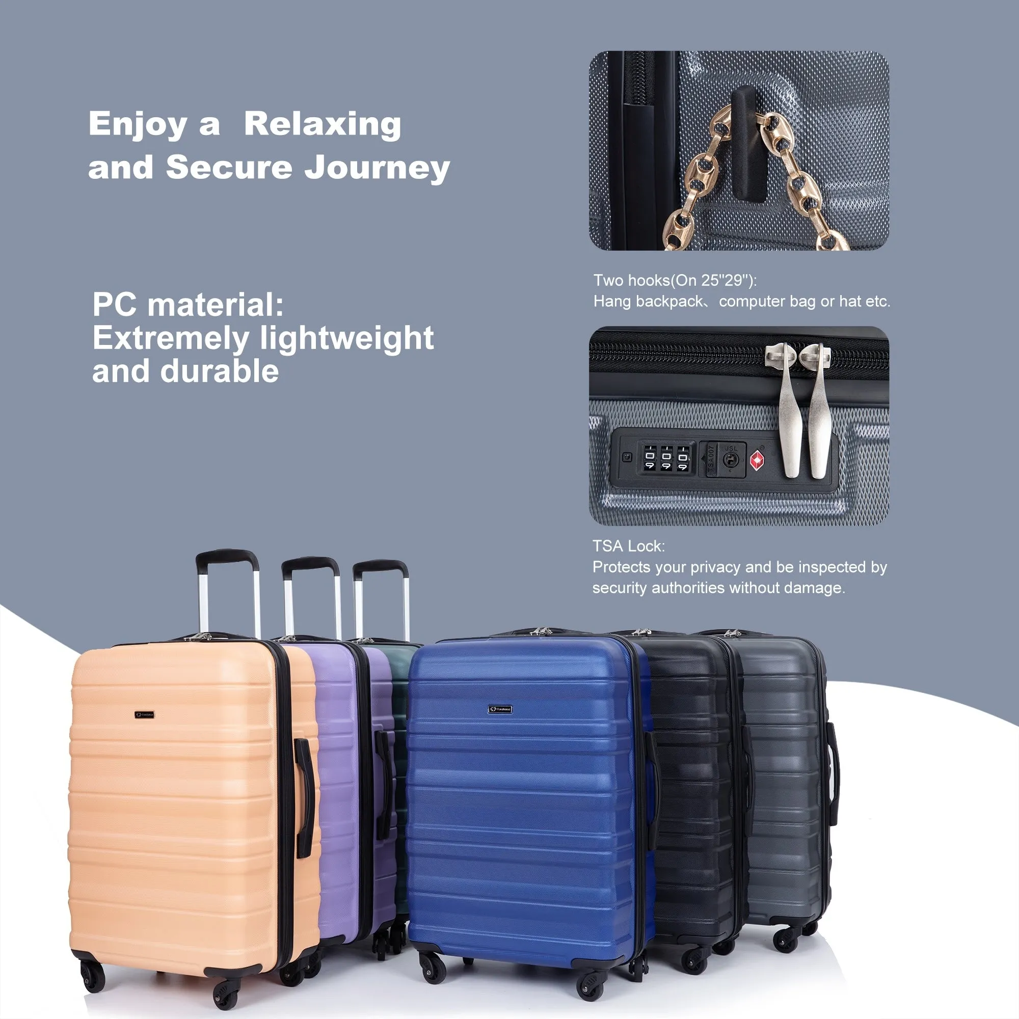 3 Piece Luggage Sets PC Lightweight & Durable Expandable Suitcase with Two Hooks, Spinner Wheels, TSA Lock, (21/25/29)