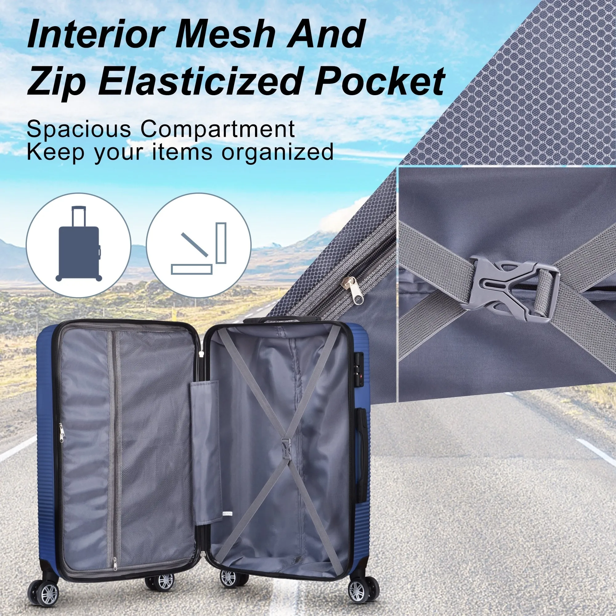3 Piece Luggage with TSA Lock ABS, Durable Luggage Set, Lightweight Suitcase with Hooks, 20in/24in/28in