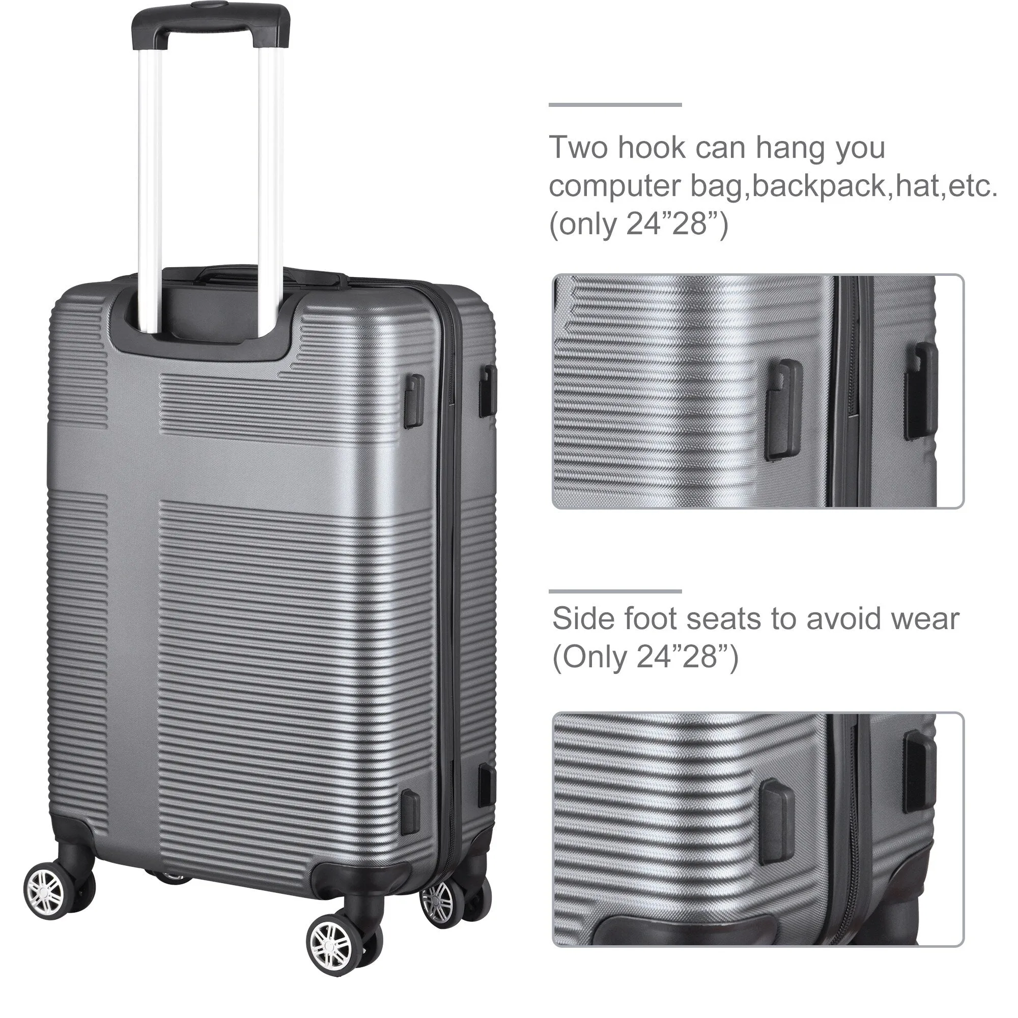 3 Piece Luggage with TSA Lock ABS, Durable Luggage Set, Lightweight Suitcase with Hooks, 20in/24in/28in