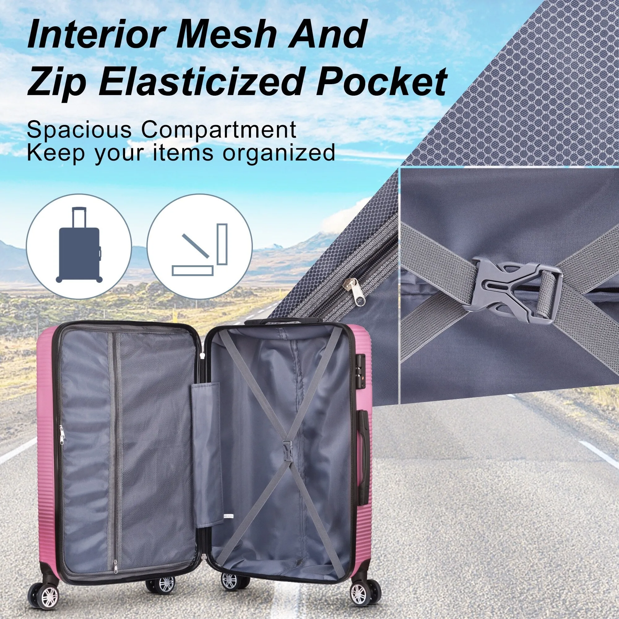 3 Piece Luggage with TSA Lock ABS, Durable Luggage Set, Lightweight Suitcase with Hooks, 20in/24in/28in