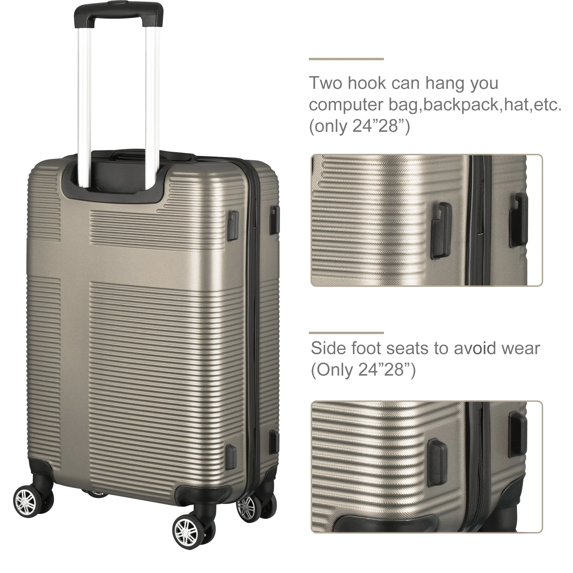 3 Piece Luggage with TSA Lock ABS, Durable Luggage Set, Lightweight Suitcase with Hooks, 20in/24in/28in