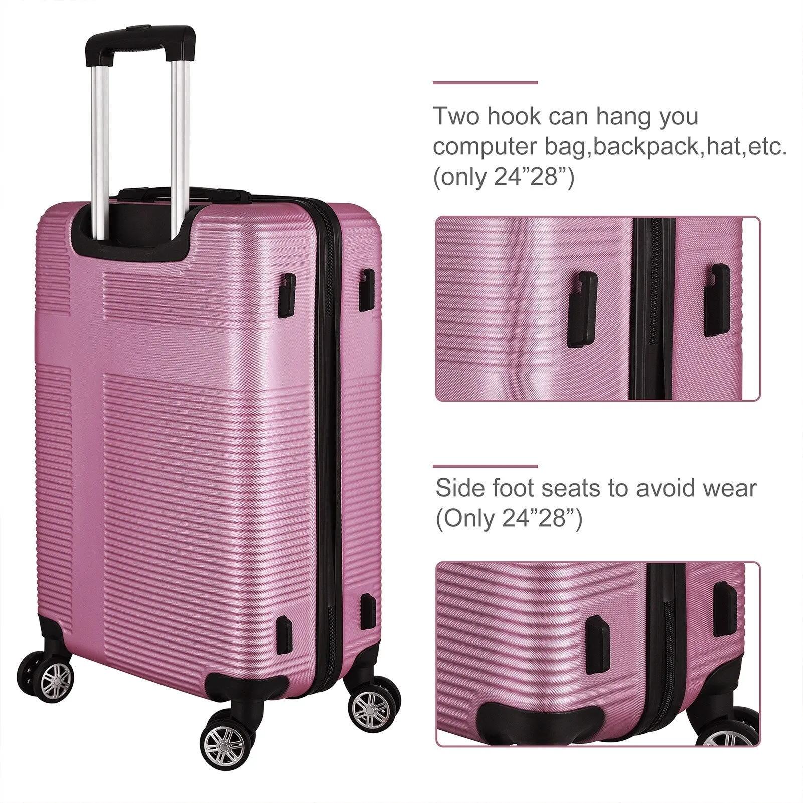 3 Piece Luggage with TSA Lock ABS, Durable Luggage Set, Lightweight Suitcase with Hooks, 20in/24in/28in