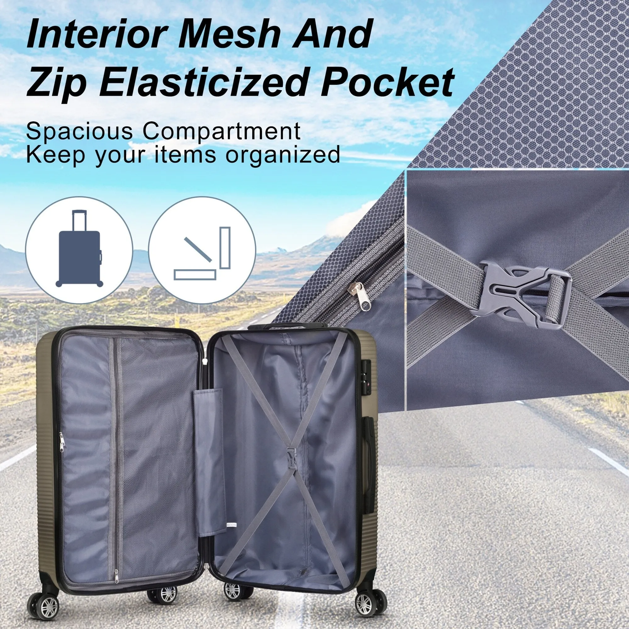 3 Piece Luggage with TSA Lock ABS, Durable Luggage Set, Lightweight Suitcase with Hooks, 20in/24in/28in