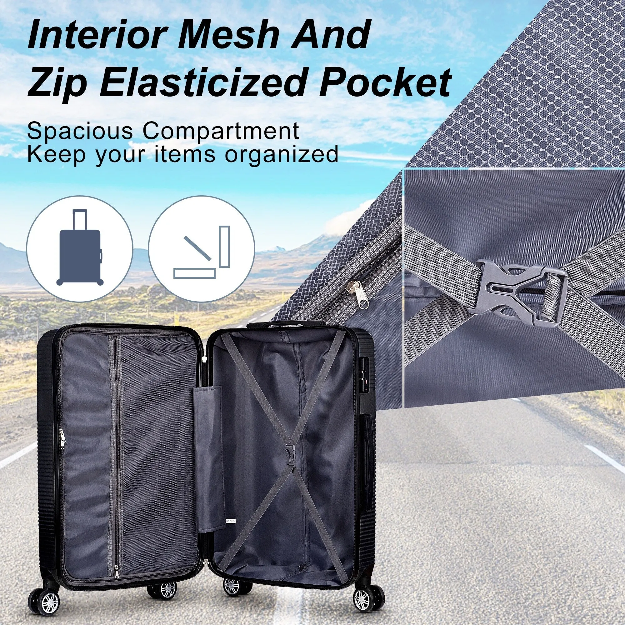 3 Piece Luggage with TSA Lock ABS, Durable Luggage Set, Lightweight Suitcase with Hooks, 20in/24in/28in