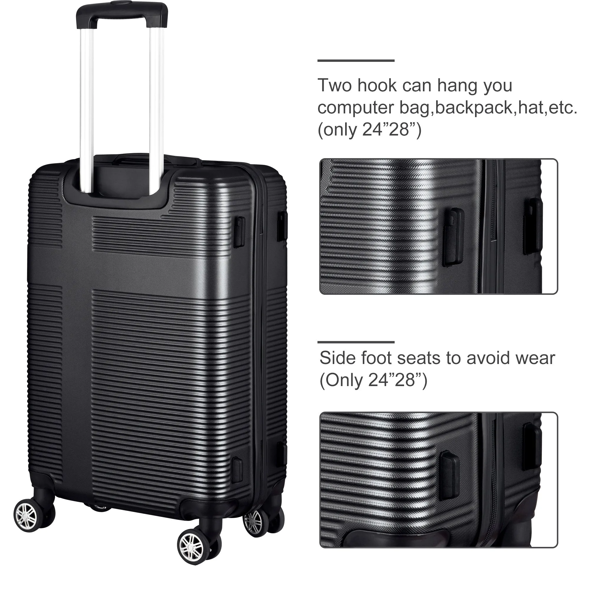 3 Piece Luggage with TSA Lock ABS, Durable Luggage Set, Lightweight Suitcase with Hooks, 20in/24in/28in
