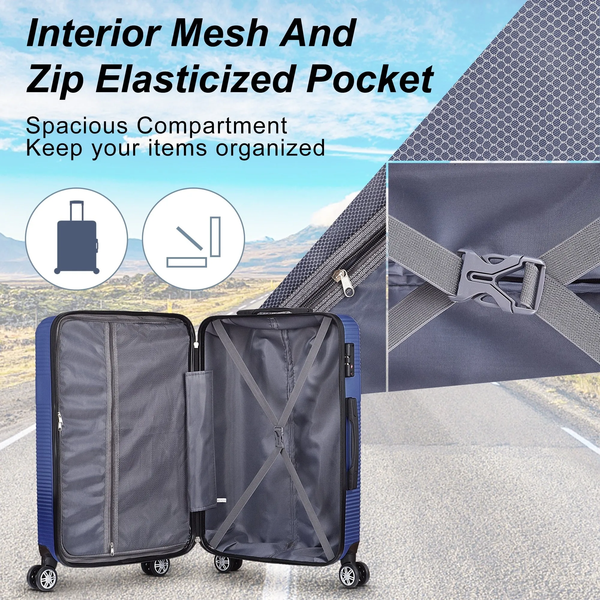 3 Piece Luggage with TSA Lock ABS, Durable Luggage Set, Lightweight Suitcase with Hooks, 20in/24in/28in