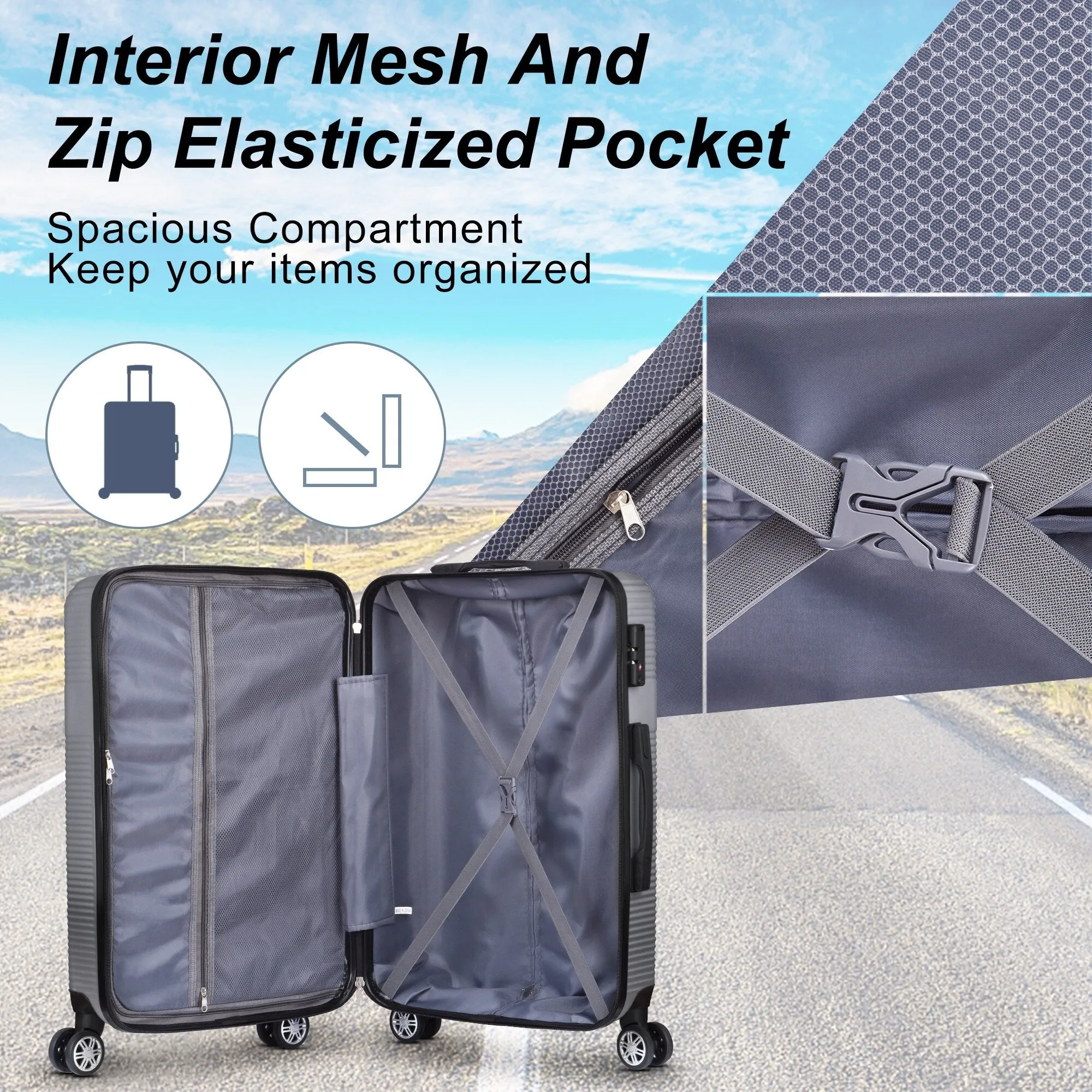 3 Piece Luggage with TSA Lock ABS, Durable Luggage Set, Lightweight Suitcase with Hooks, 20in/24in/28in