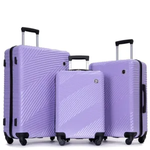 3 Piece PC ABS Suitcase Luggage Sets with Two Hooks and Spinner Wheels,Light Purple