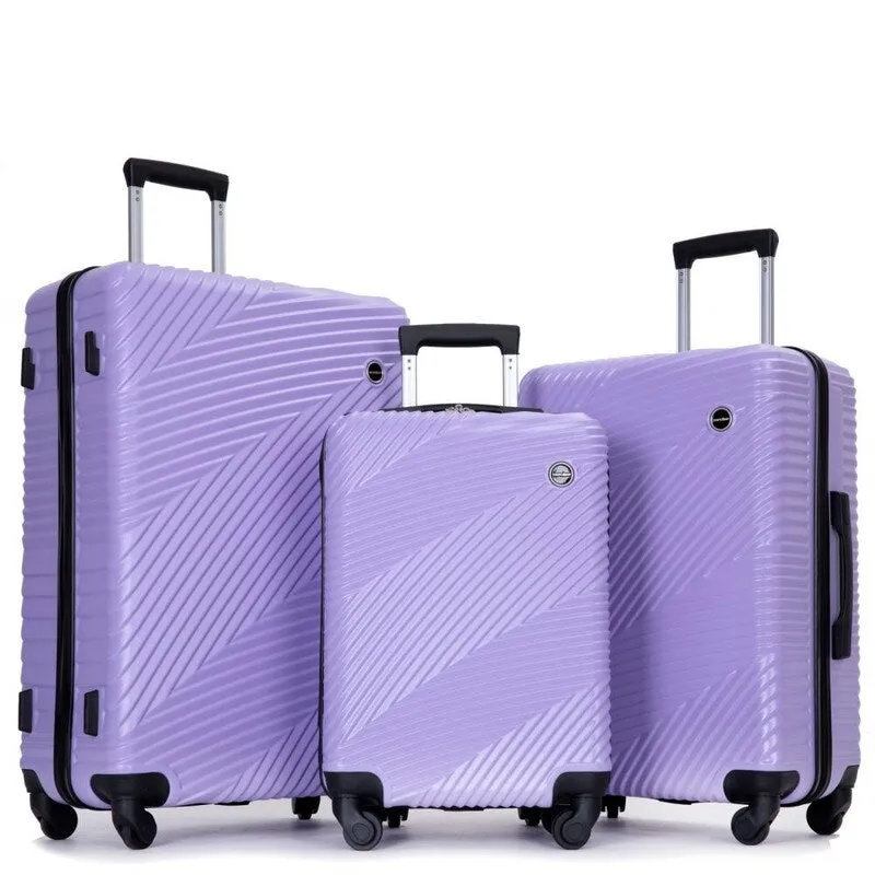 3 Piece PC ABS Suitcase Luggage Sets with Two Hooks and Spinner Wheels,Light Purple