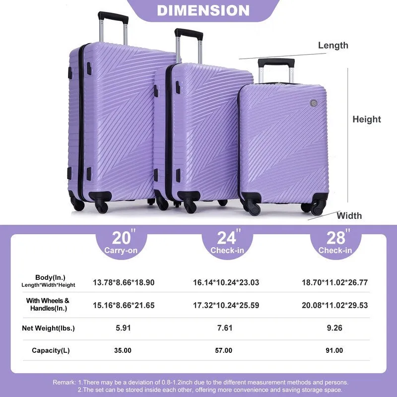 3 Piece PC ABS Suitcase Luggage Sets with Two Hooks and Spinner Wheels,Light Purple