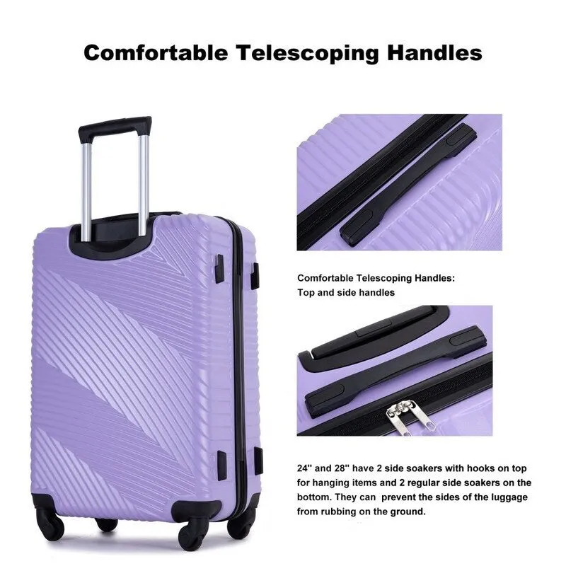 3 Piece PC ABS Suitcase Luggage Sets with Two Hooks and Spinner Wheels,Light Purple