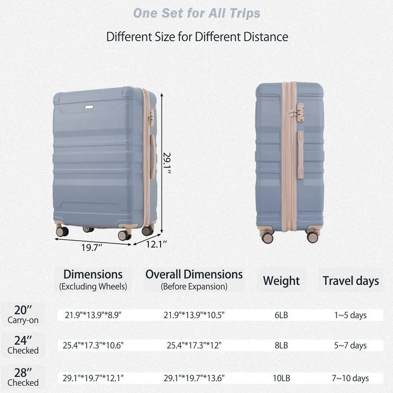 3pcs 20'' 24'' 28'' Luggage Sets, ABS Hardshell Luggage, Lightweight Suitcase Sets, Trunk with TSA Lock and Spinner Wheels