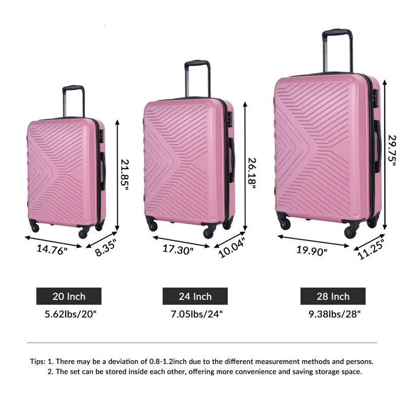 3PCS ABS Lightweight Suitcase Luggage Set with Two Hooks and TSA Lock