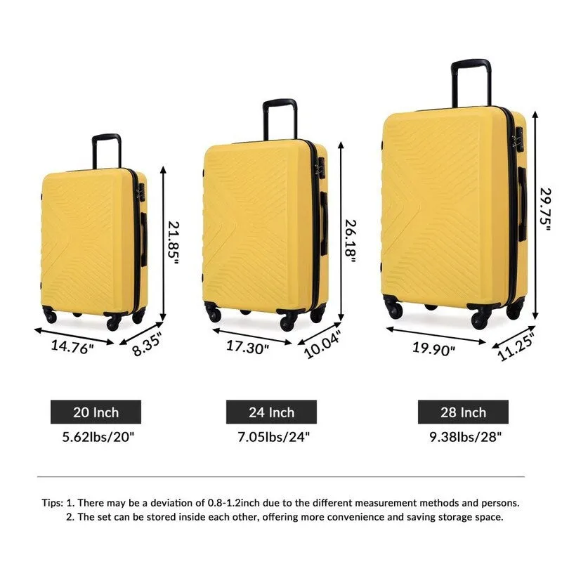 3PCS ABS Lightweight Suitcase Luggage Set with Two Hooks and TSA Lock