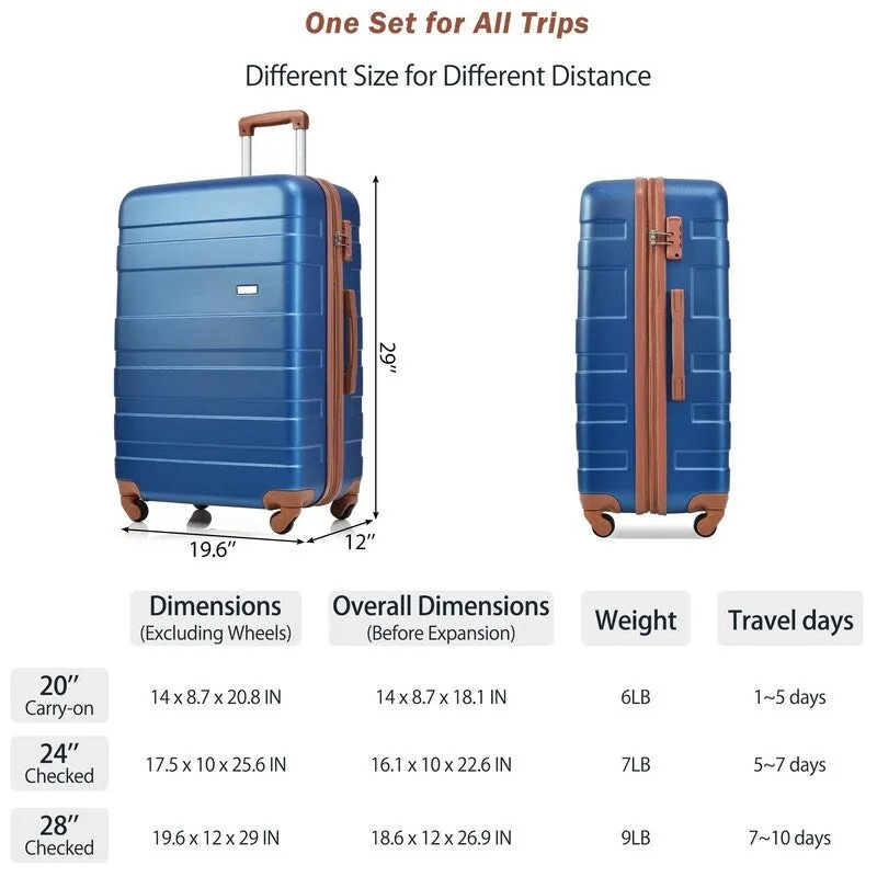 3pcs Hardshell Luggage Sets Lightweight Expandable Suitcase