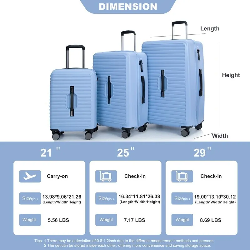3PCS PC ABS Lightweight Suitcase,Luggage Sets with 2 Hooks,360°Double Spinner Wheels and TSA Lock