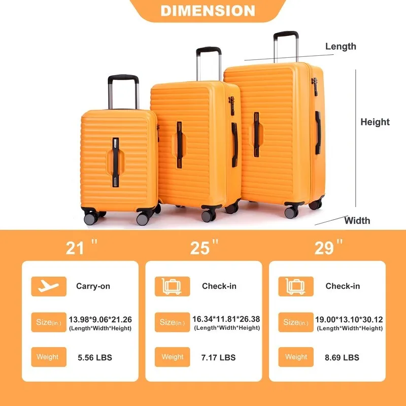 3PCS PC ABS Lightweight Suitcase,Luggage Sets with 2 Hooks,360°Double Spinner Wheels and TSA Lock