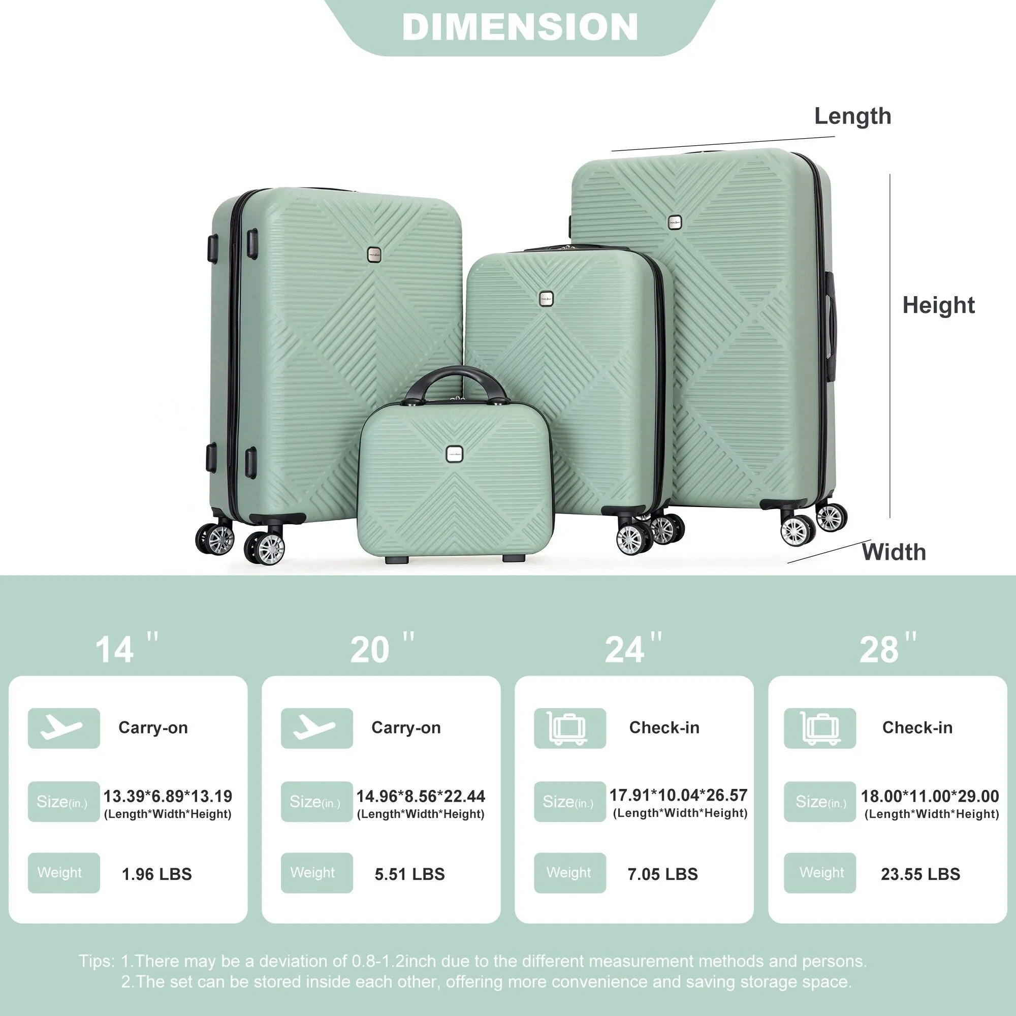 4-piece ABS Lightweight Suitcase Set with 14 inch Makeup Case, Aircraft Wheels (14/20/24/28)