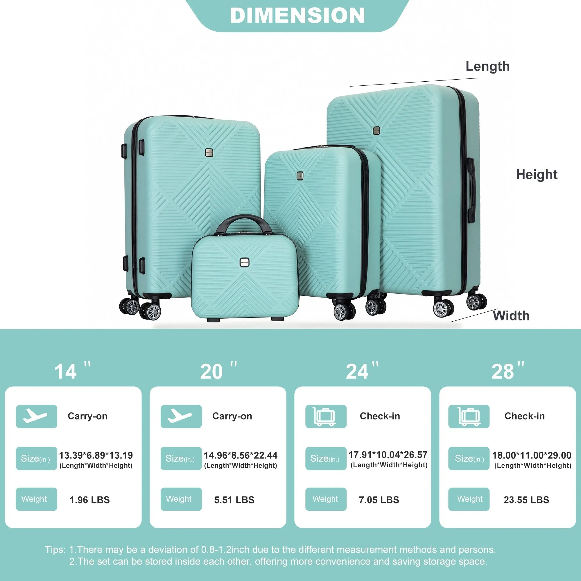 4-piece ABS Lightweight Suitcase Set with 14 inch Makeup Case, Aircraft Wheels (14/20/24/28)