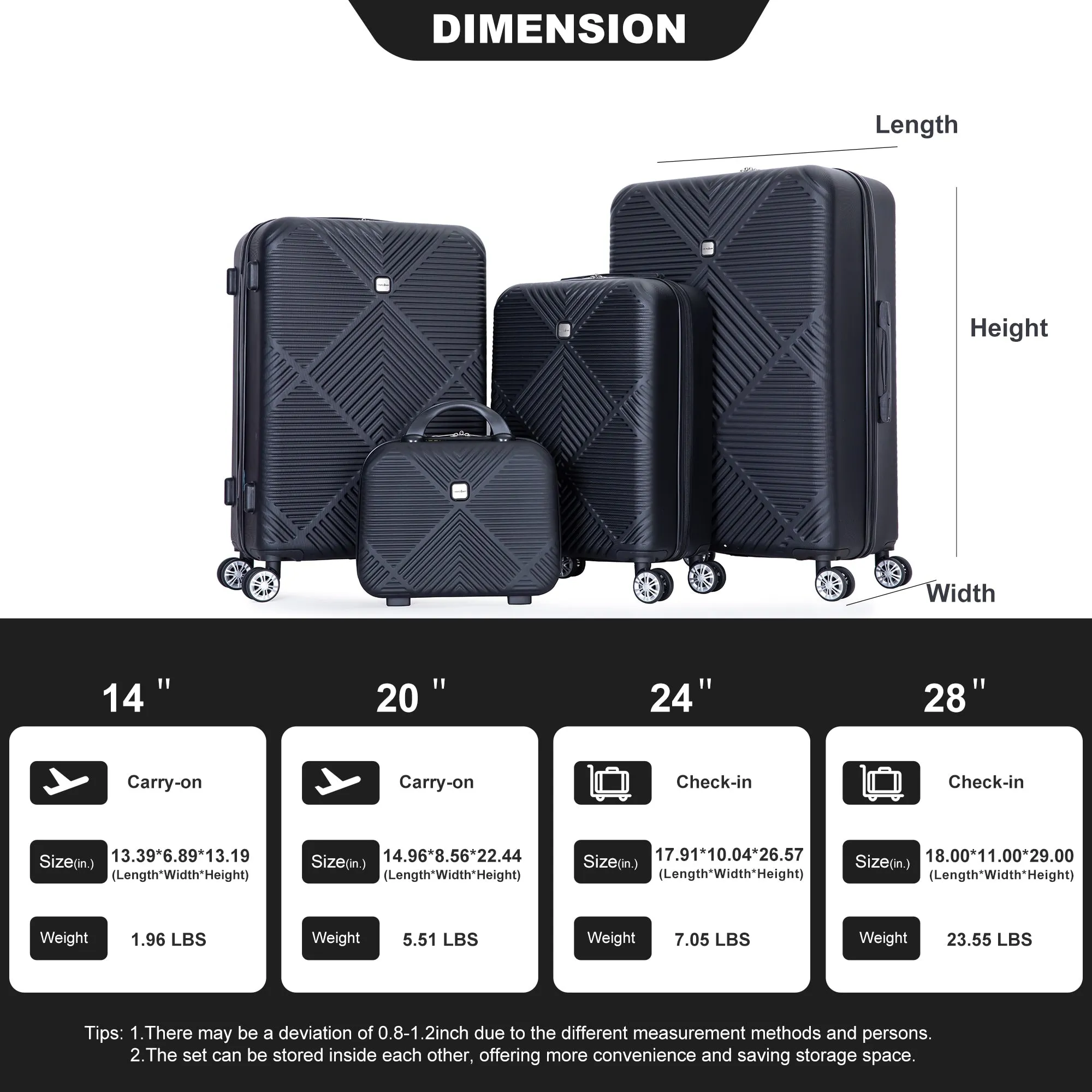 4-piece ABS Lightweight Suitcase Set with 14 inch Makeup Case, Aircraft Wheels (14/20/24/28)