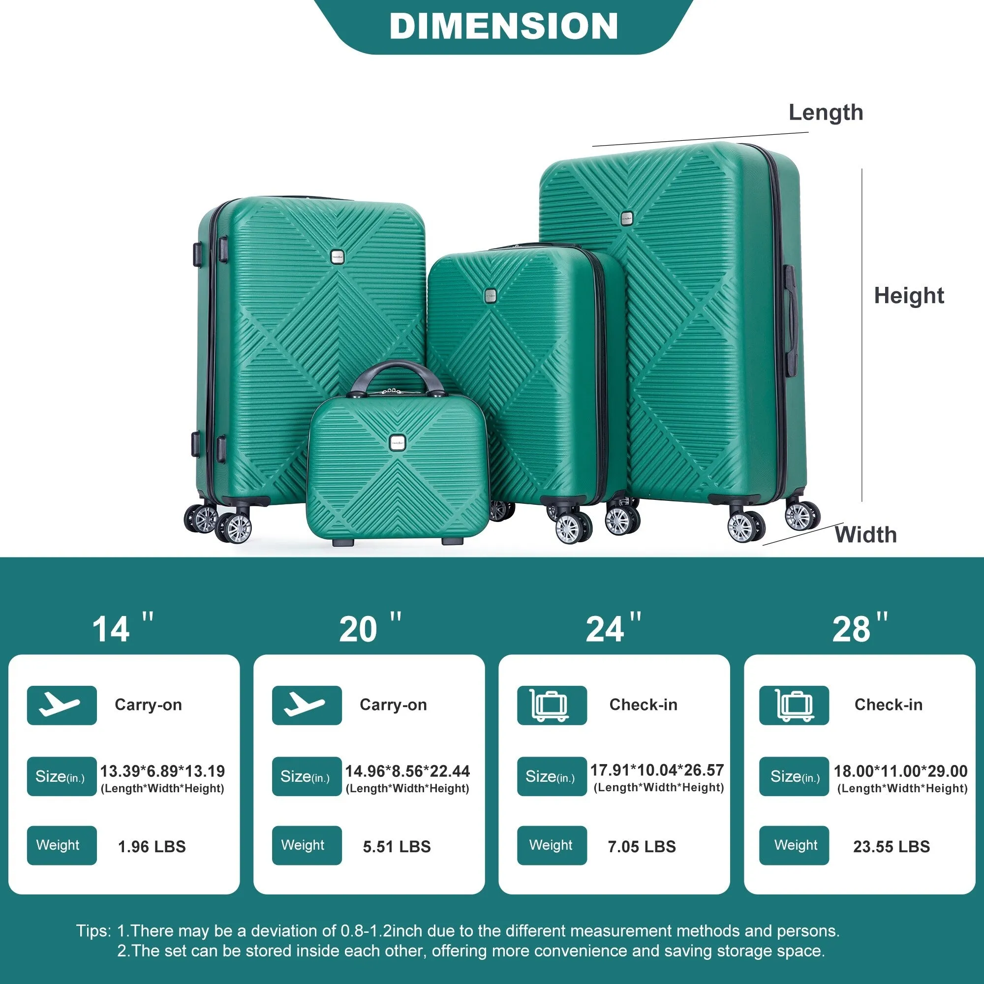 4-piece ABS Lightweight Suitcase Set with 14 inch Makeup Case, Aircraft Wheels (14/20/24/28)