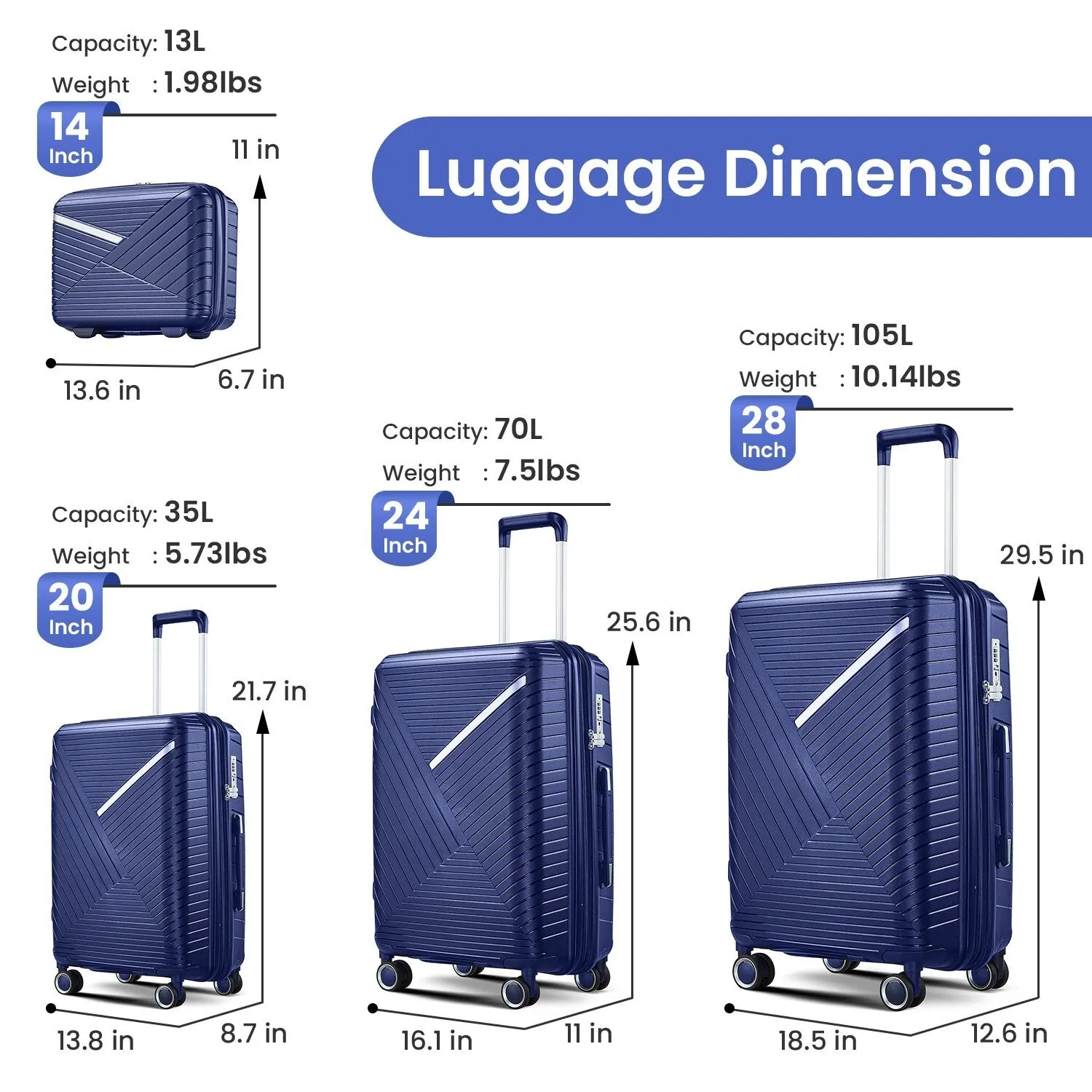 4 Piece Luggage Sets with Adjustable Handle and TSA Lock, Expandable Suitcase with Zippered Pocket (14/20/24/28)