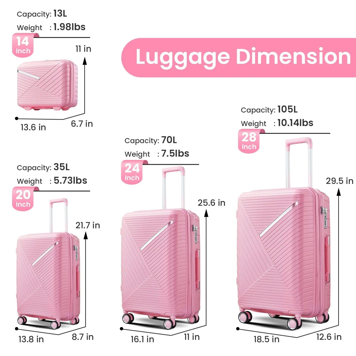 4 Piece Luggage Sets with Adjustable Handle and TSA Lock, Expandable Suitcase with Zippered Pocket (14/20/24/28)
