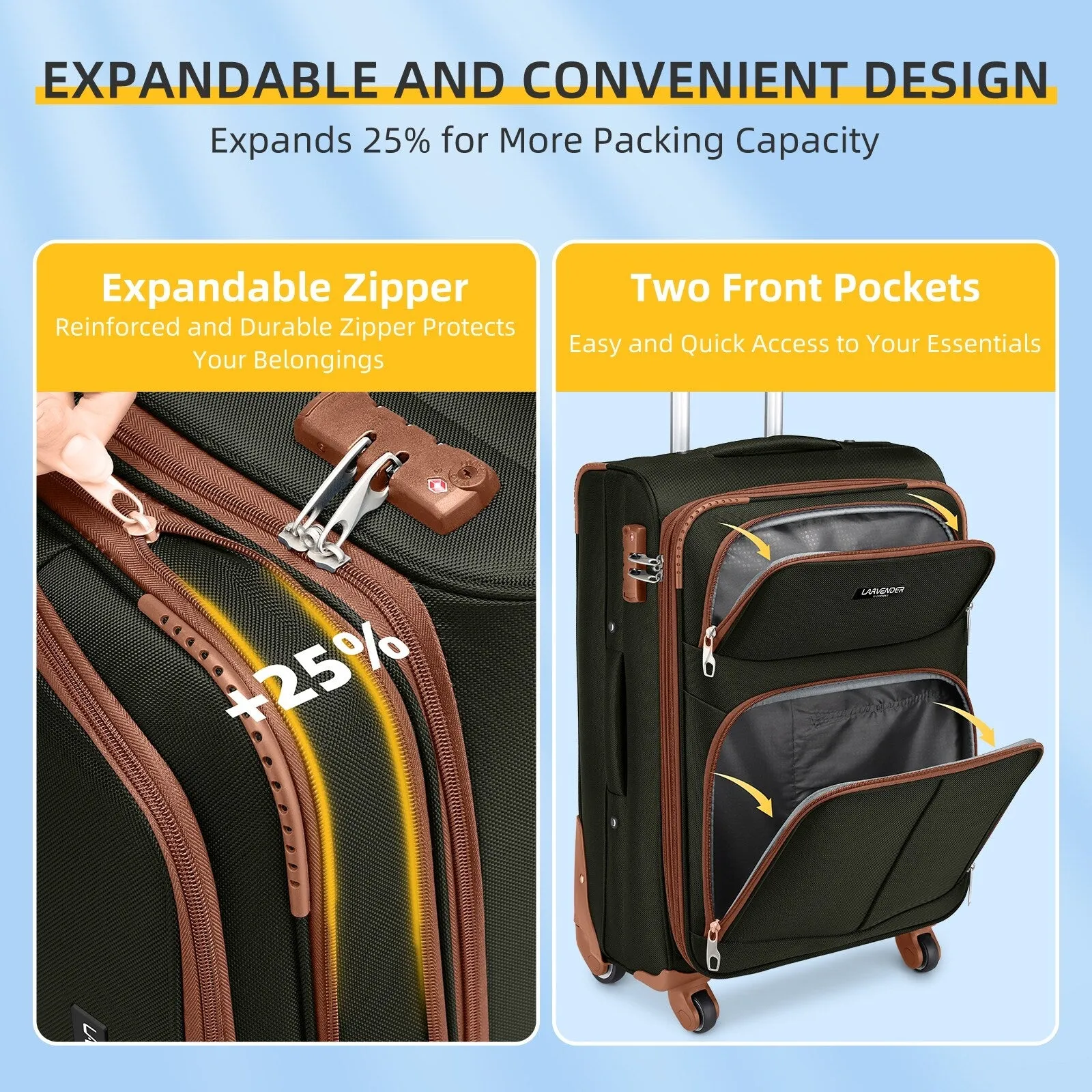 5 Pcs Softside Expandable Suitcases Set with Spinner Wheels & TSA Lock