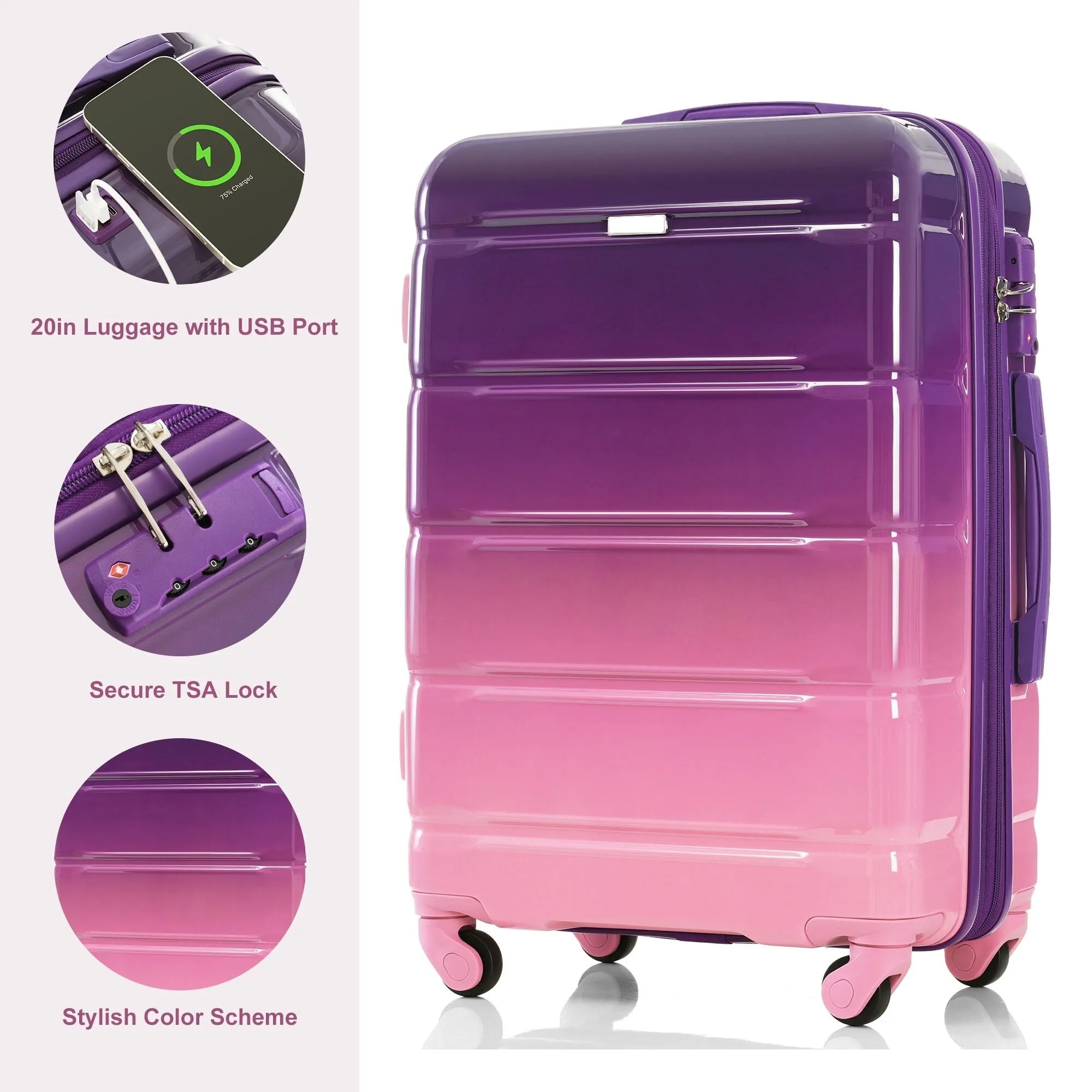 5 Piece Luggage Sets with USB Port and Travel Bag and Spinner Wheels