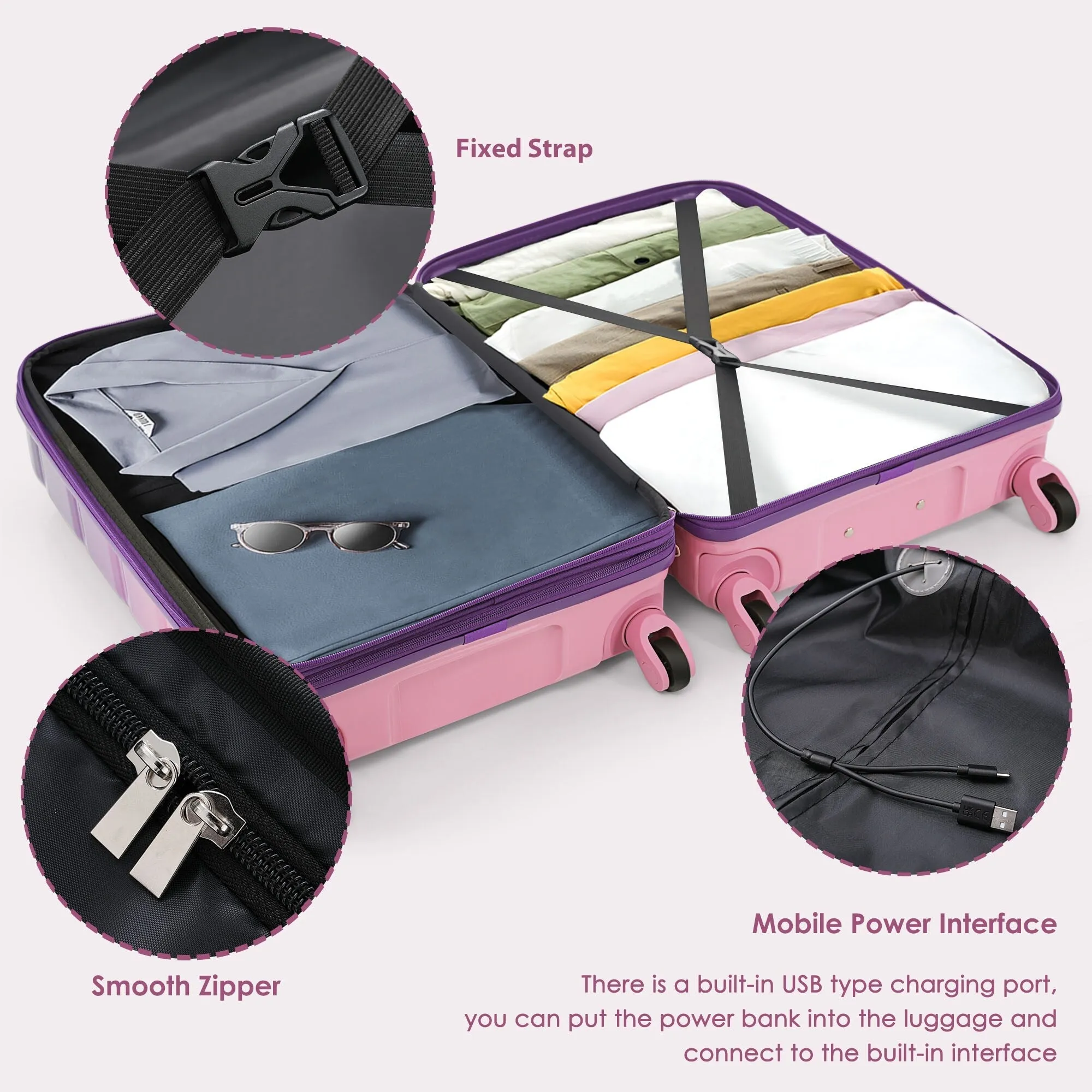 5 Piece Luggage Sets with USB Port and Travel Bag and Spinner Wheels