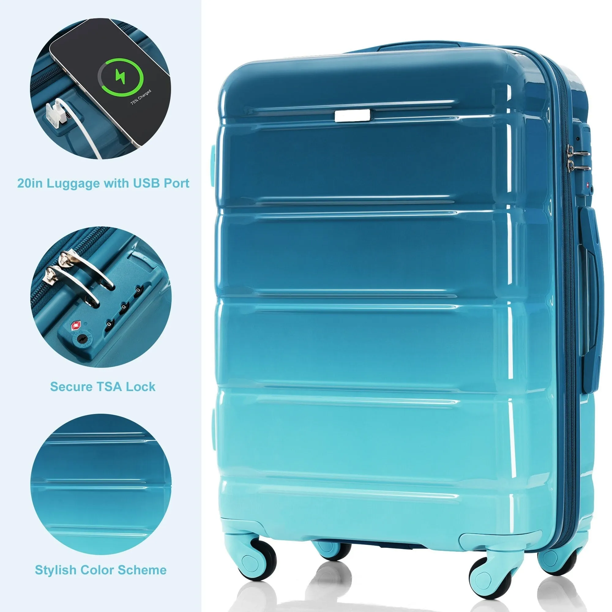 5 Piece Luggage Sets with USB Port and Travel Bag and Spinner Wheels