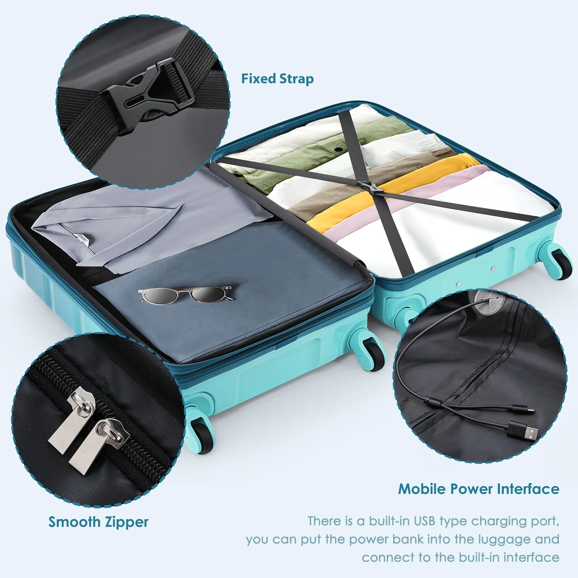 5 Piece Luggage Sets with USB Port and Travel Bag and Spinner Wheels