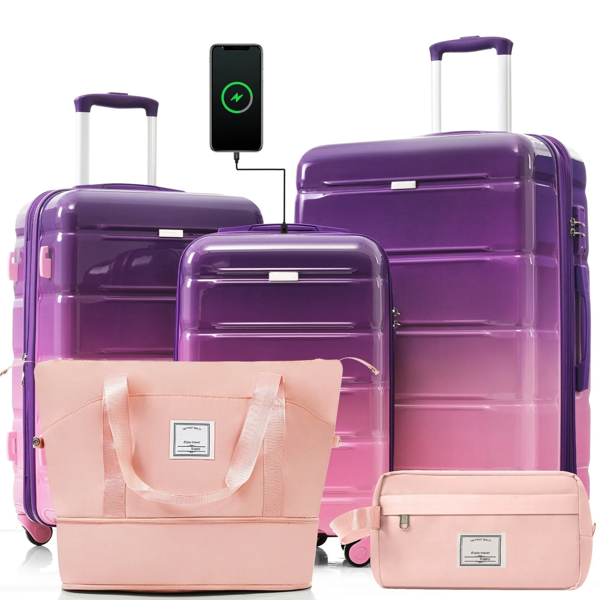 5 Piece Luggage Sets with USB Port and Travel Bag and Spinner Wheels