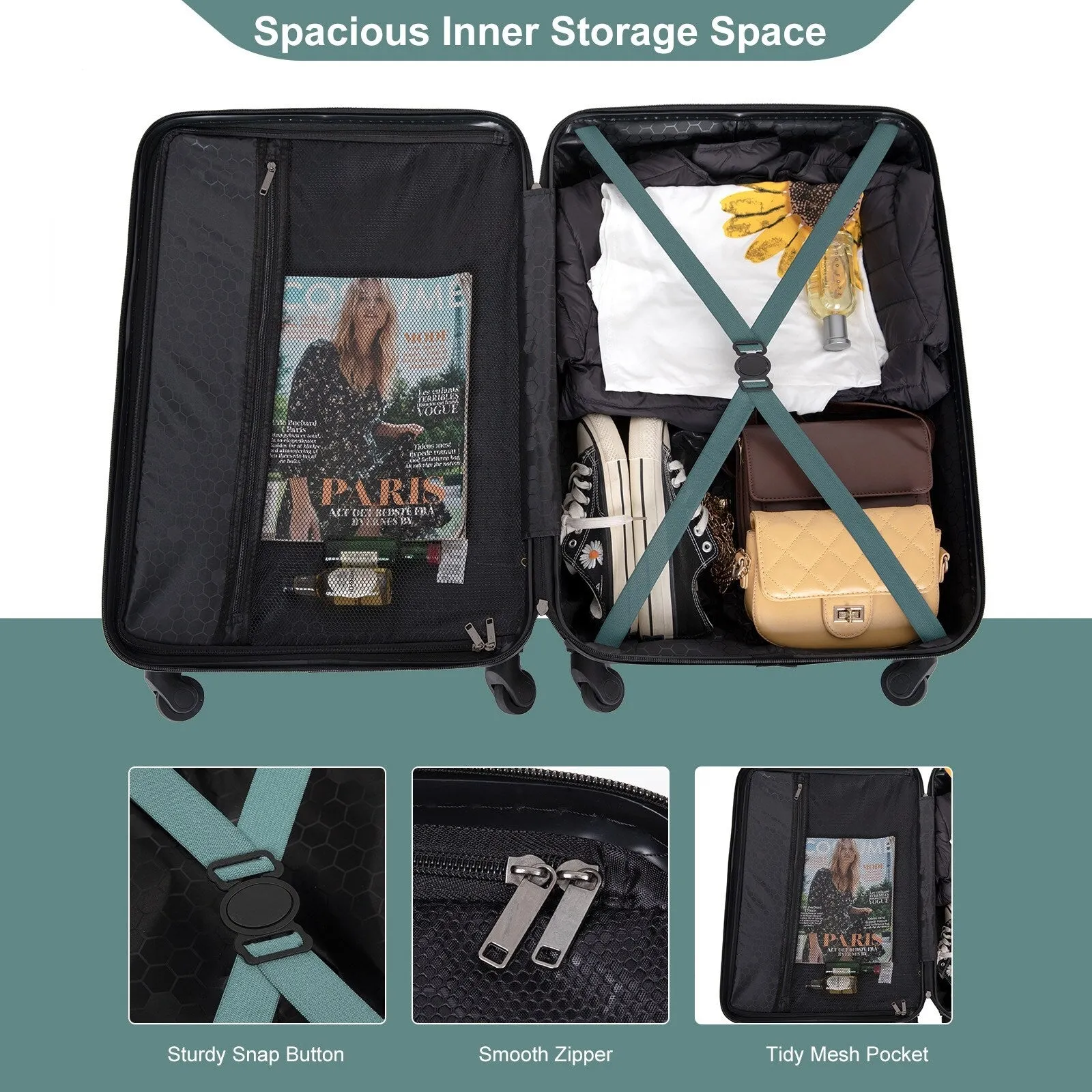 ABS 3 Piece Luggage Sets with TSA Lock and 2 Hooks, (20/24/28) Lightweight Suitcase with Spinner Wheels and Adjustable Pull Rod