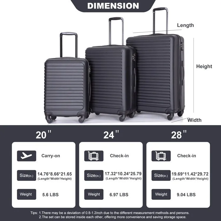 ABS 3 Piece Luggage Sets with TSA Lock and 2 Hooks, (20/24/28) Lightweight Suitcase with Spinner Wheels and Adjustable Pull Rod