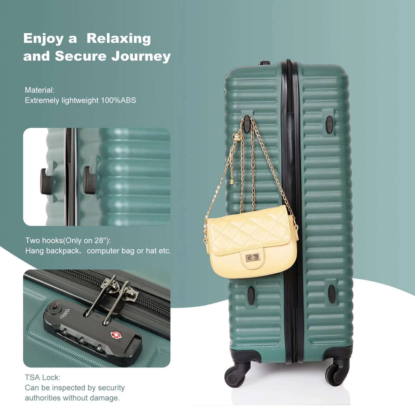ABS 3 Piece Luggage Sets with TSA Lock and 2 Hooks, (20/24/28) Lightweight Suitcase with Spinner Wheels and Adjustable Pull Rod