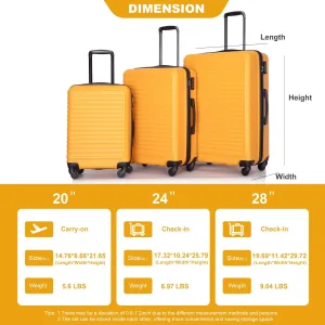 ABS 3 Piece Luggage Sets with TSA Lock and 2 Hooks, (20/24/28) Lightweight Suitcase with Spinner Wheels and Adjustable Pull Rod