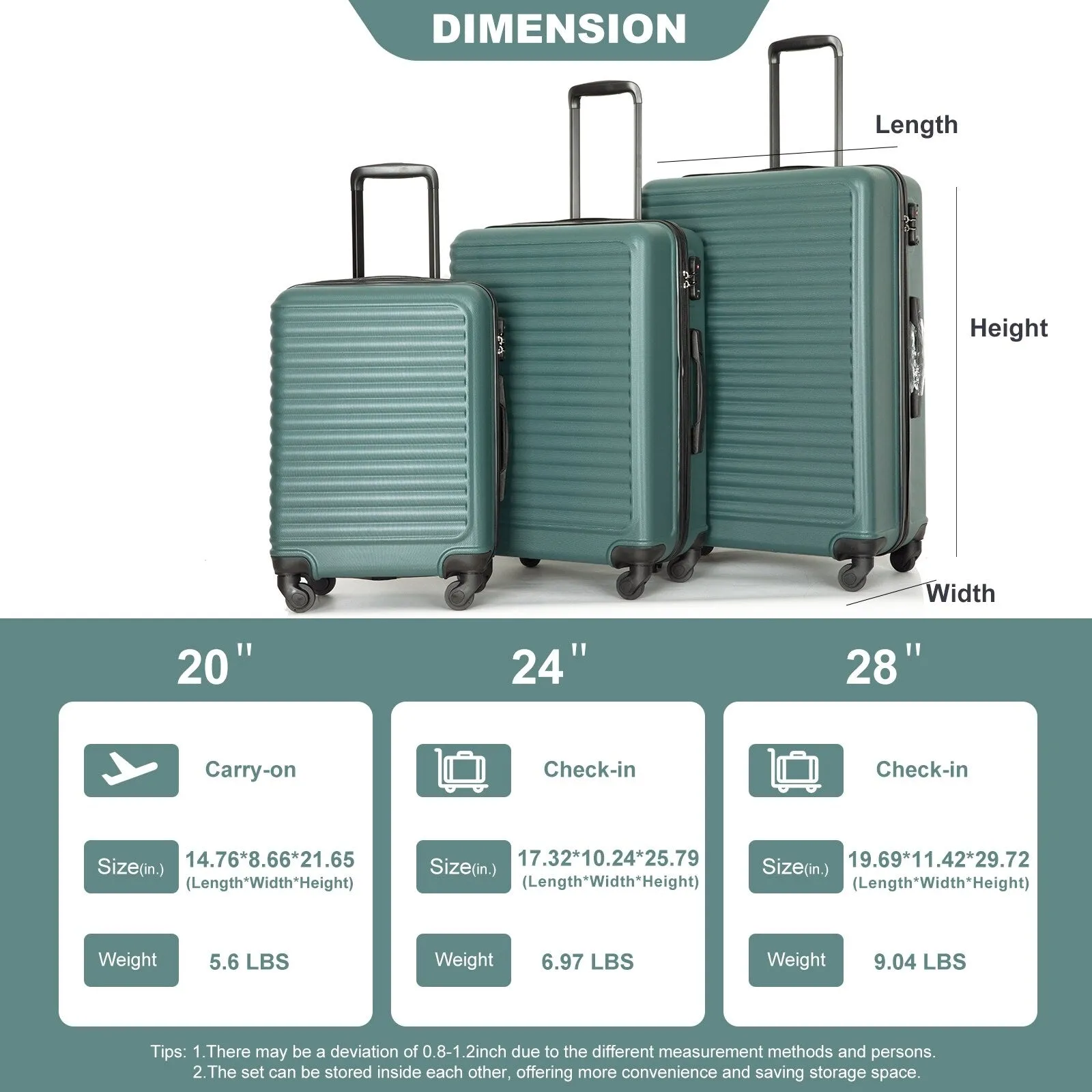 ABS 3 Piece Luggage Sets with TSA Lock and 2 Hooks, (20/24/28) Lightweight Suitcase with Spinner Wheels and Adjustable Pull Rod