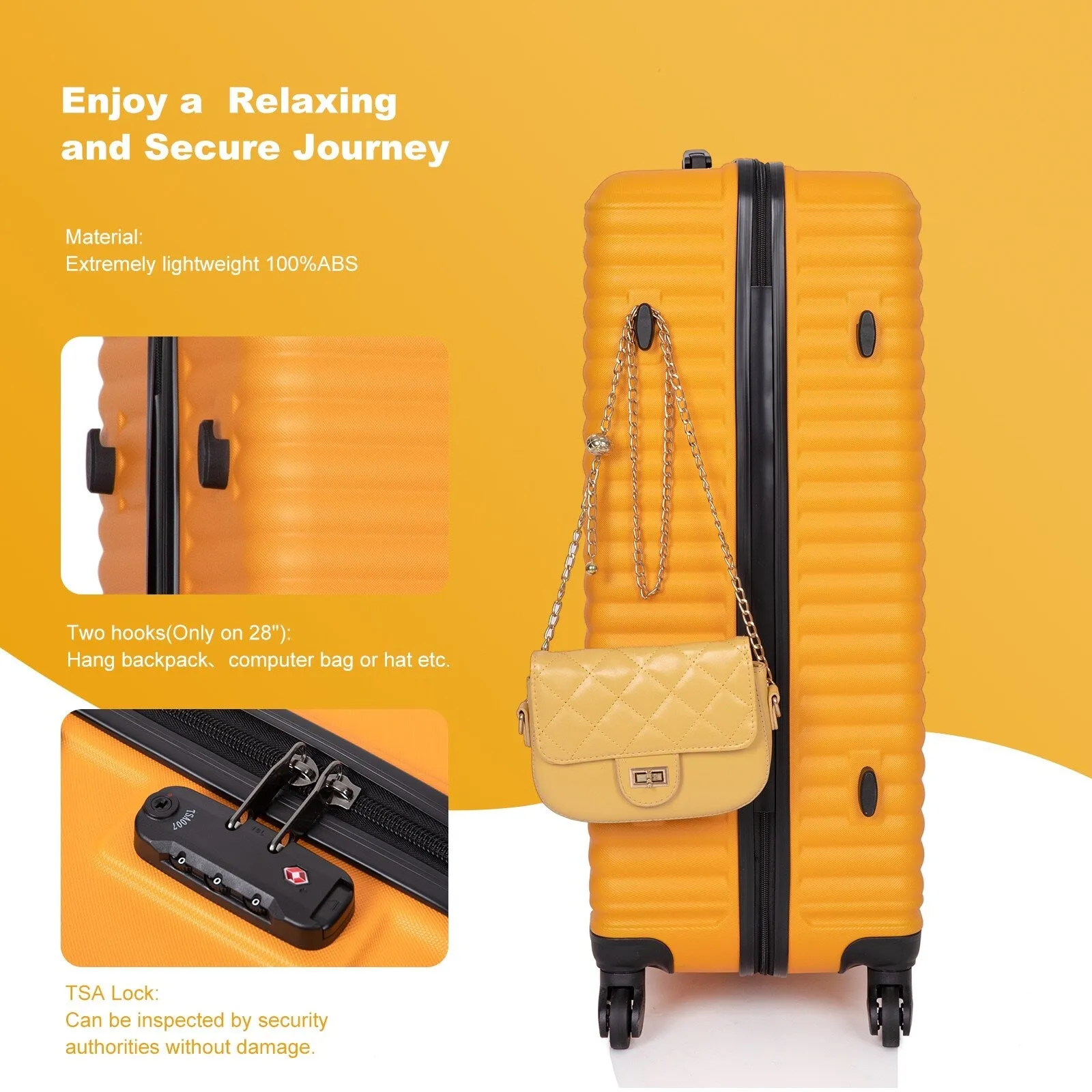 ABS 3 Piece Luggage Sets with TSA Lock and 2 Hooks, (20/24/28) Lightweight Suitcase with Spinner Wheels and Adjustable Pull Rod