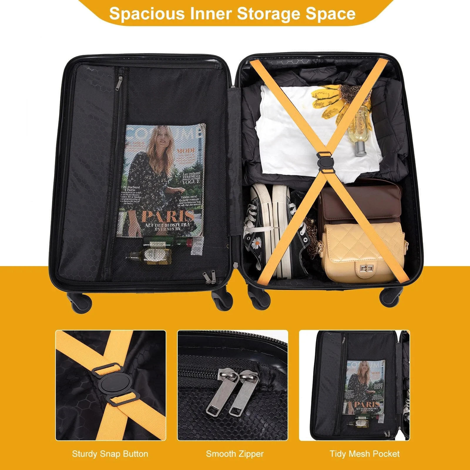 ABS 3 Piece Luggage Sets with TSA Lock and 2 Hooks, (20/24/28) Lightweight Suitcase with Spinner Wheels and Adjustable Pull Rod