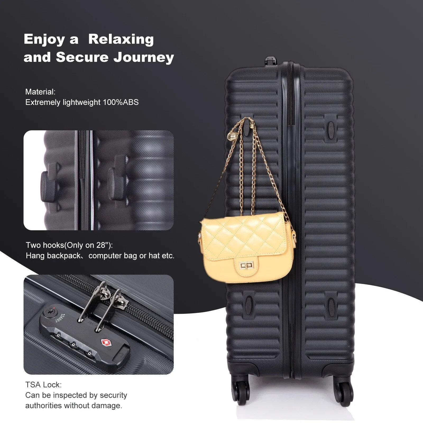 ABS 3 Piece Luggage Sets with TSA Lock and 2 Hooks, (20/24/28) Lightweight Suitcase with Spinner Wheels and Adjustable Pull Rod