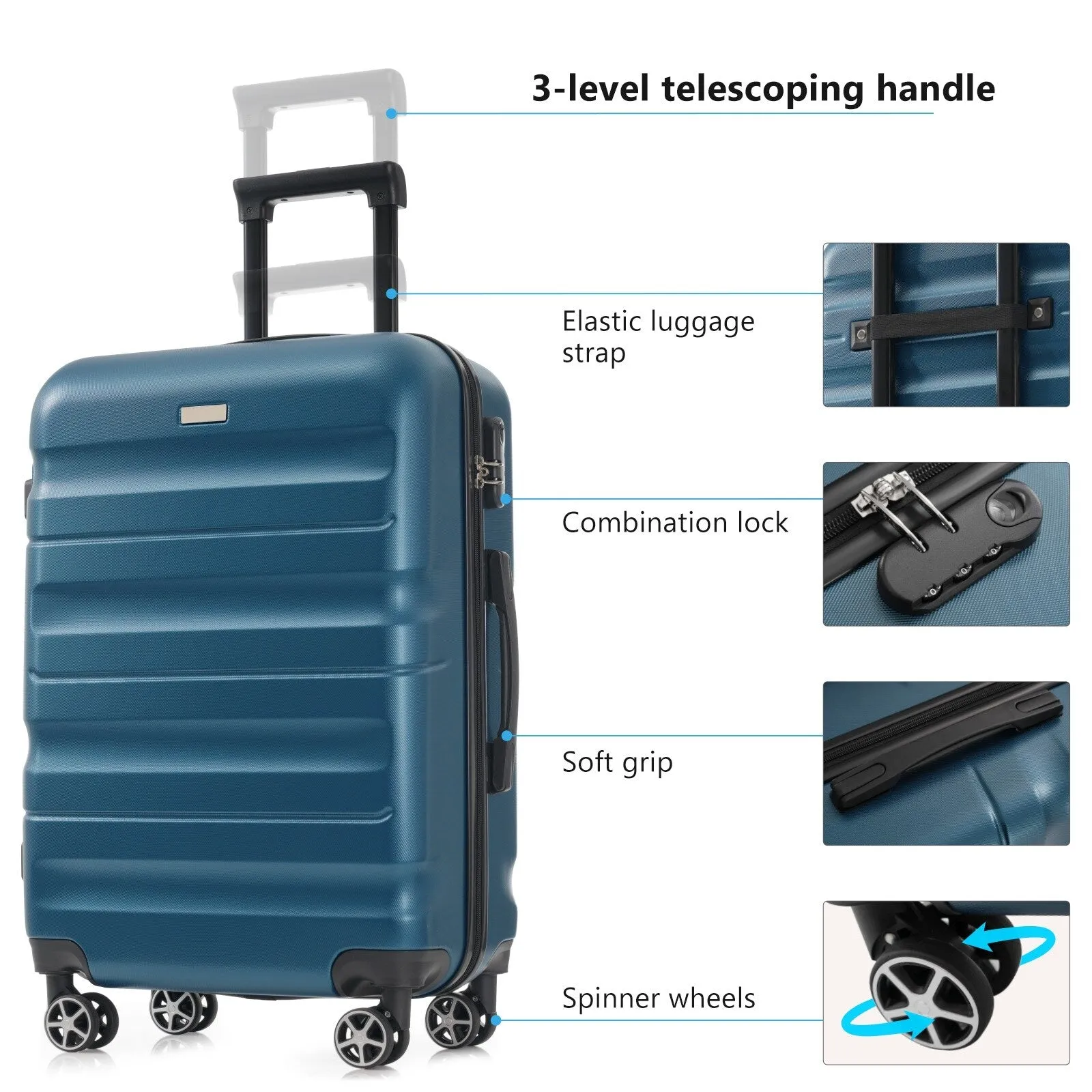 ABS Hardshell 6-Piece Luggage Set with Spinner Wheels and Combination Lock (12/14/16/20/24/28) Inch