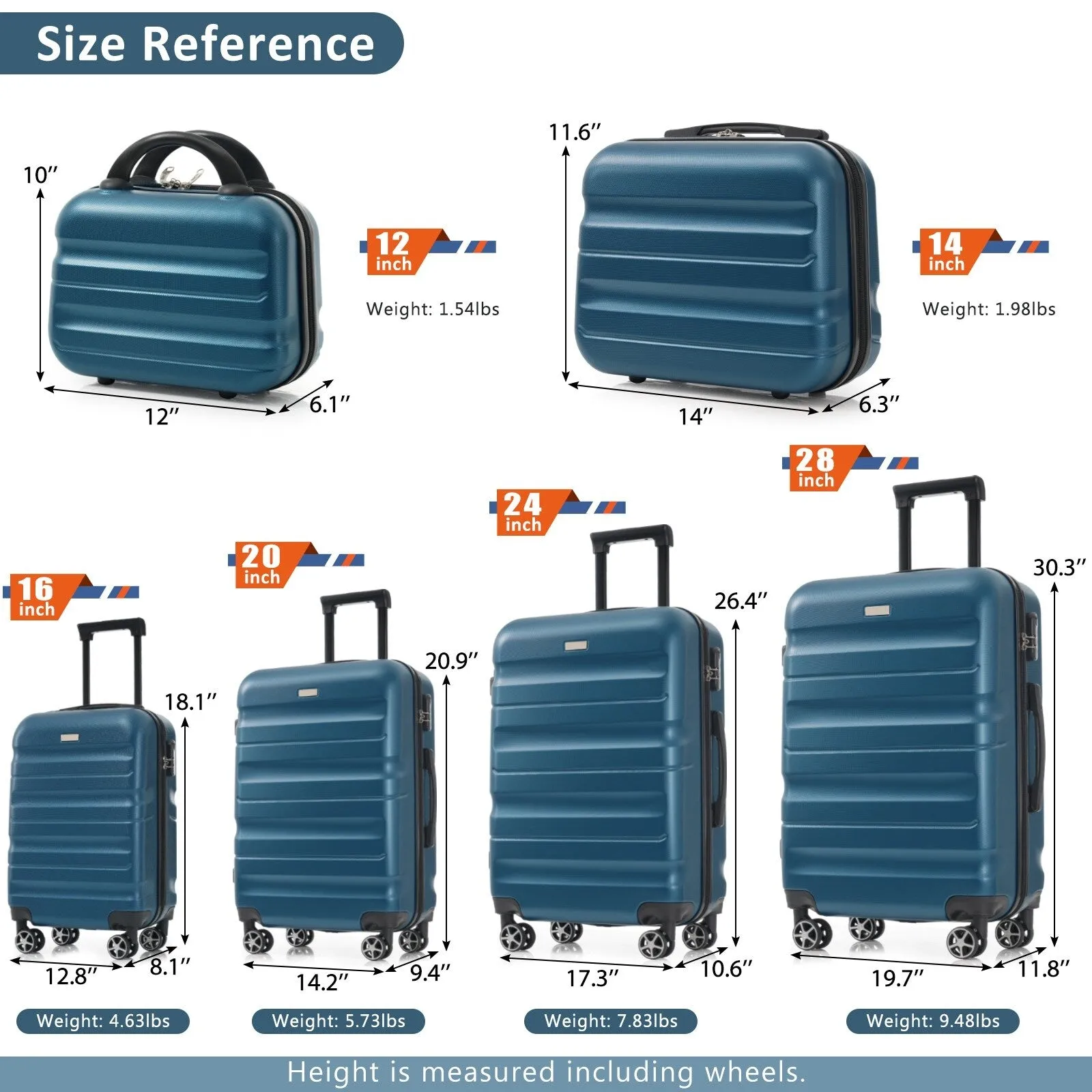 ABS Hardshell 6-Piece Luggage Set with Spinner Wheels and Combination Lock (12/14/16/20/24/28) Inch