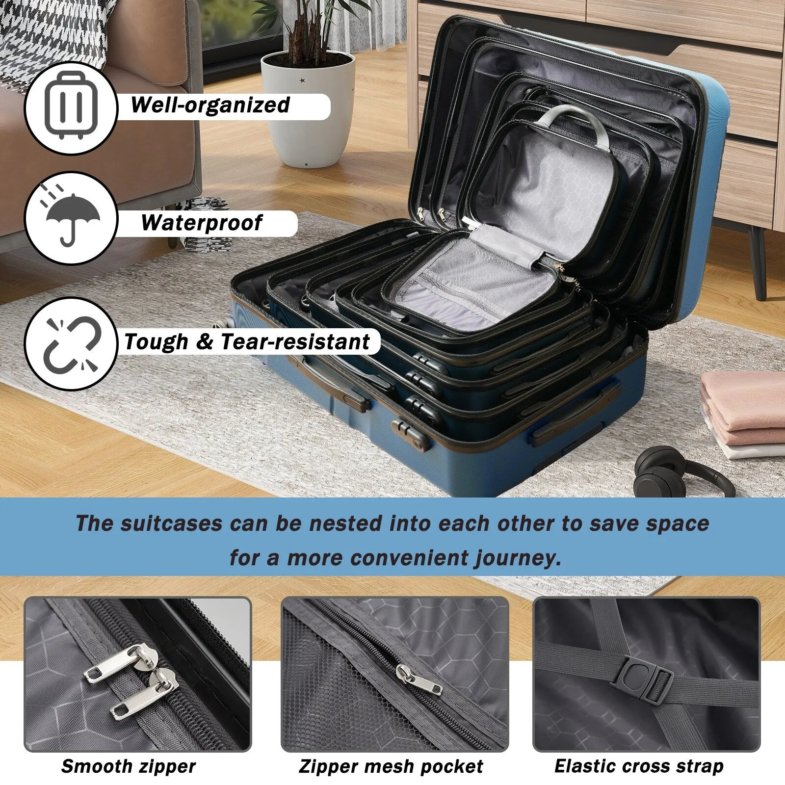 ABS Hardshell 6-Piece Luggage Set with Spinner Wheels and Combination Lock (12/14/16/20/24/28) Inch