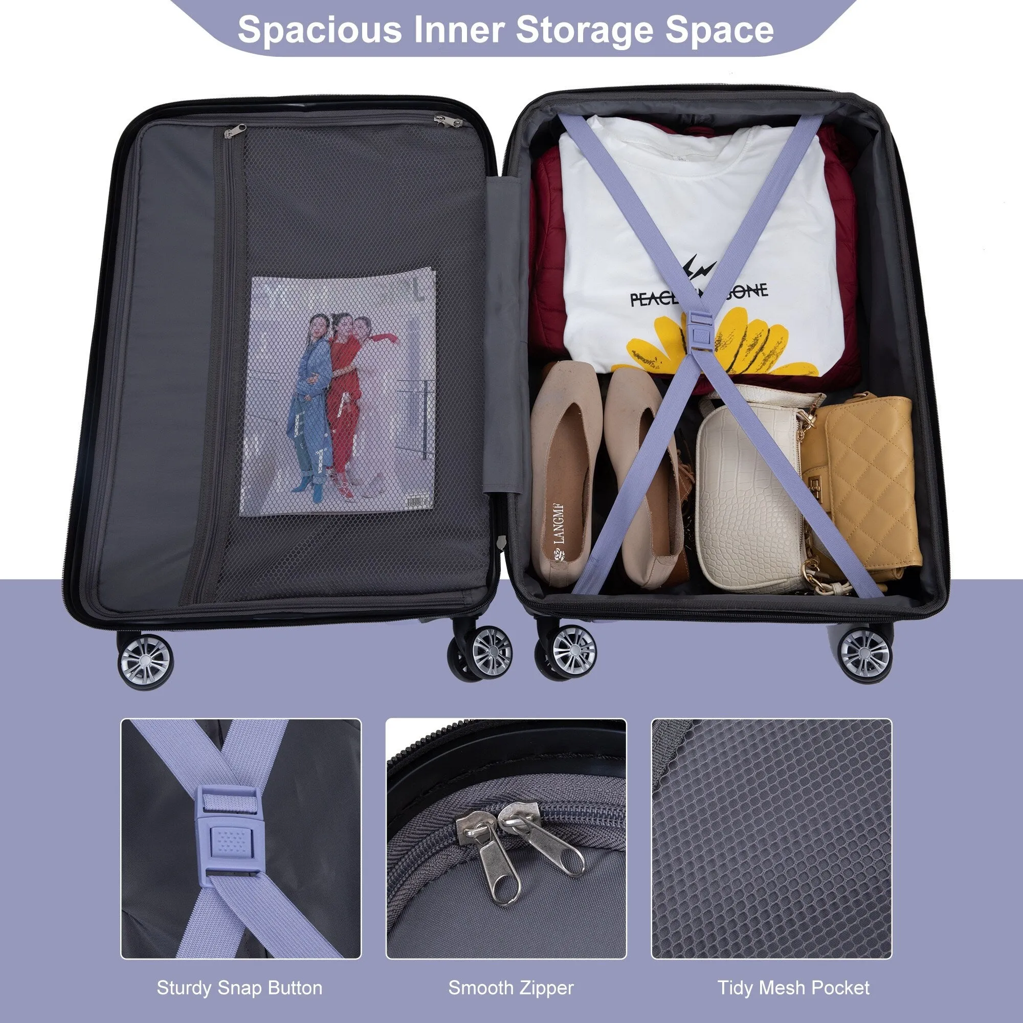 Double Spinner Wheels Luggage Sets with Hooks and TSA Lock