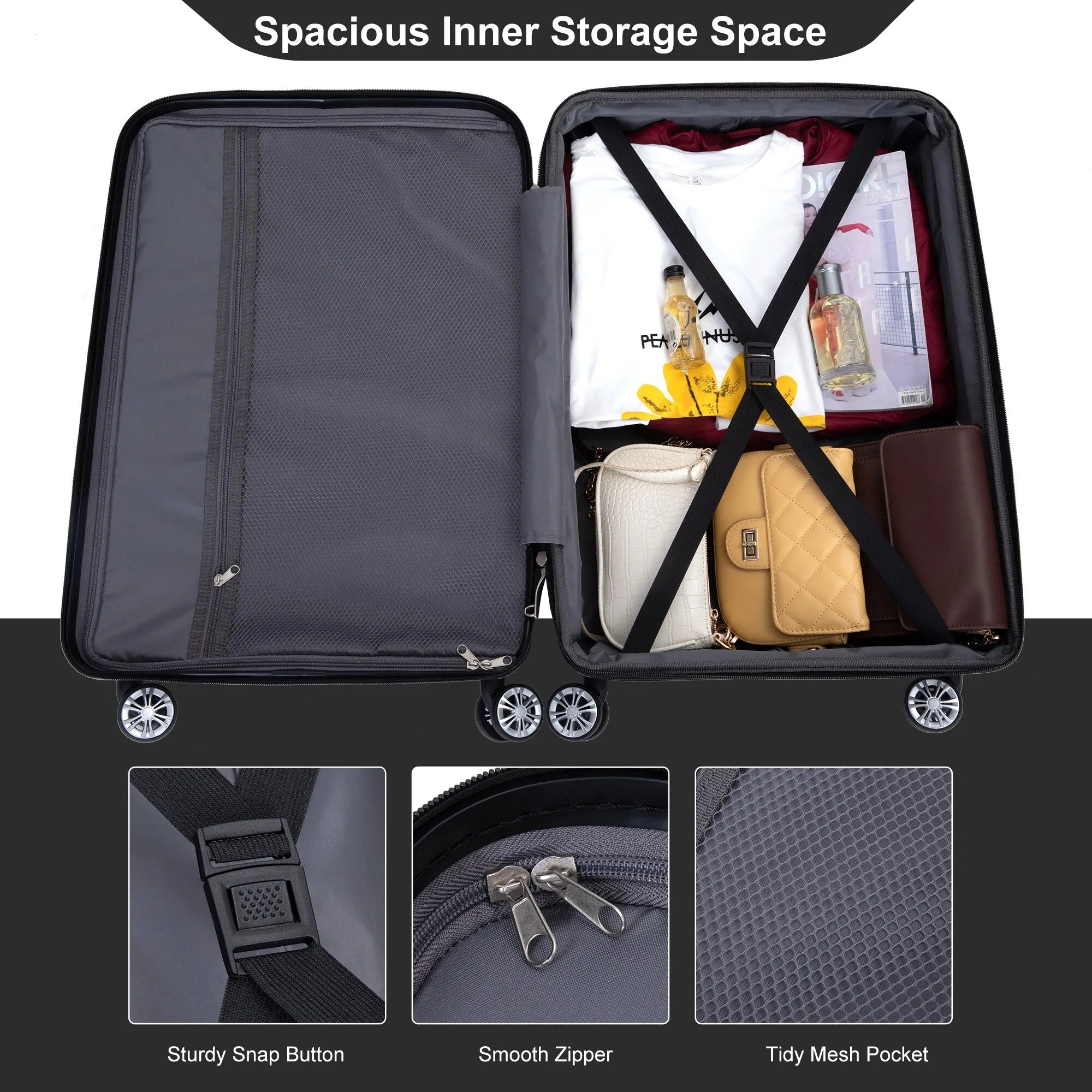 Double Spinner Wheels Luggage Sets with Hooks and TSA Lock