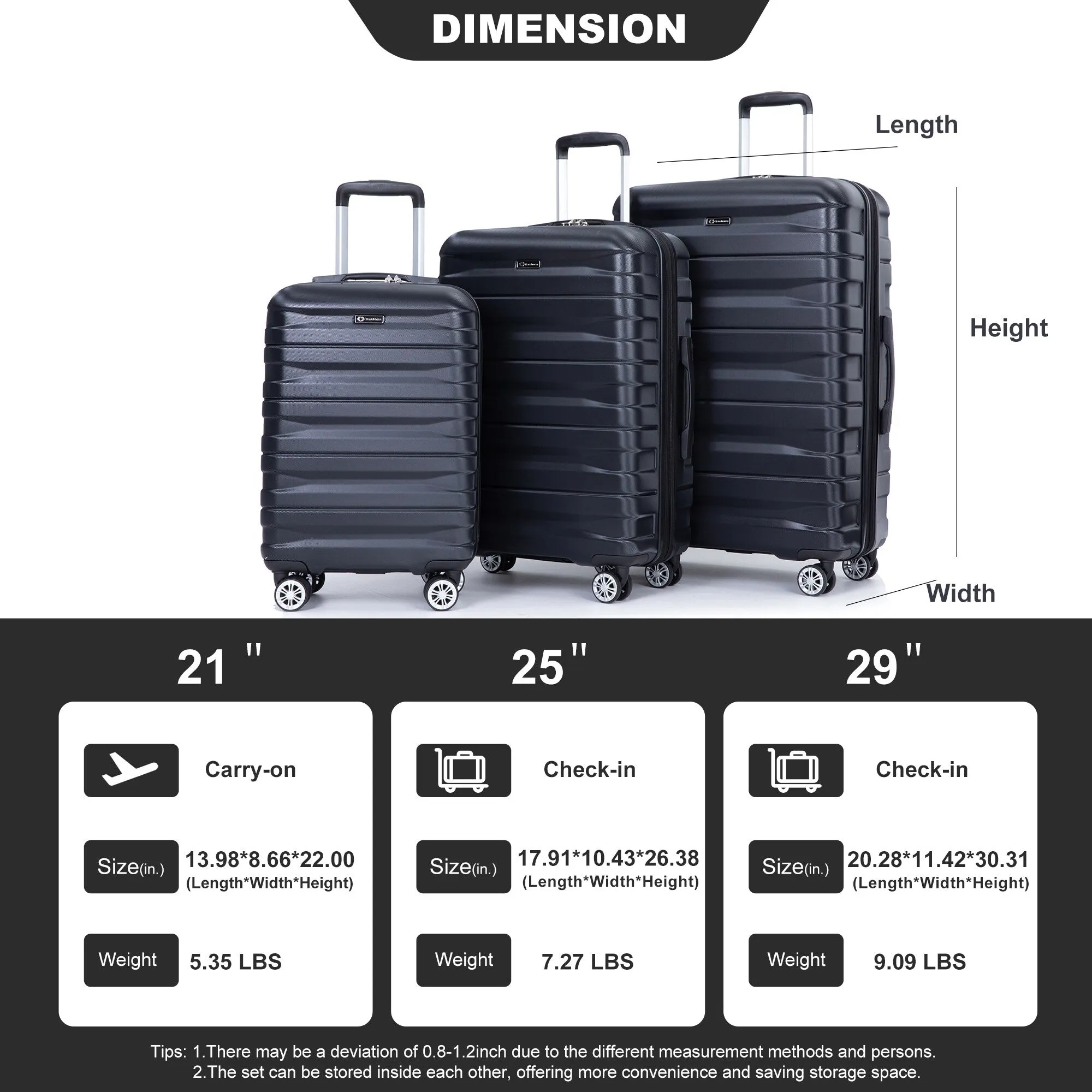 Double Spinner Wheels Luggage Sets with Hooks and TSA Lock