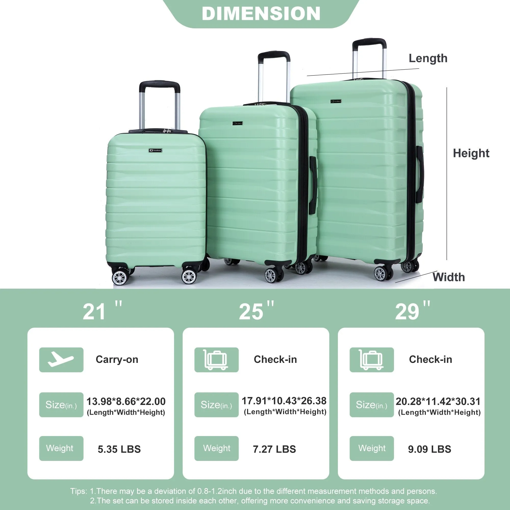 Double Spinner Wheels Luggage Sets with Hooks and TSA Lock